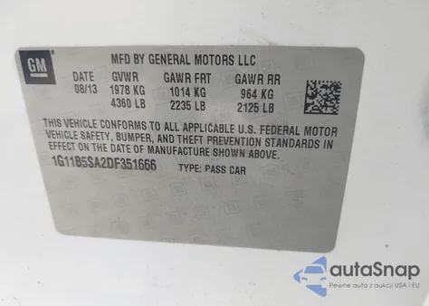 2013 Chevrolet Malibu 1Ls из США, поврежденный, VIN 1G11B5SA2DF351666